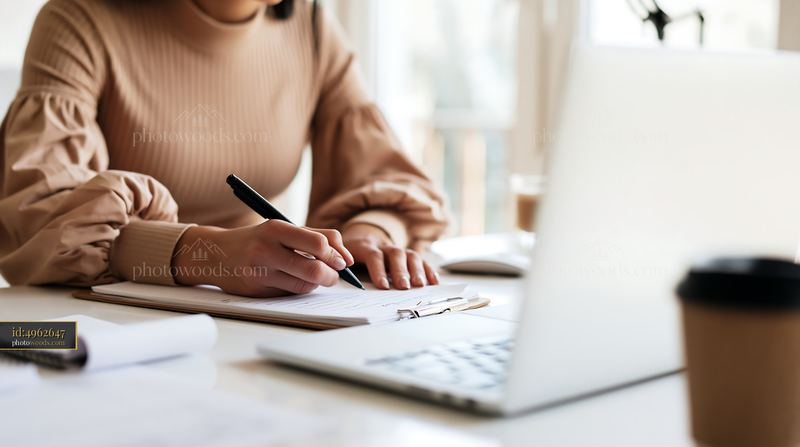 Person writing list at desk with laptop and coffee