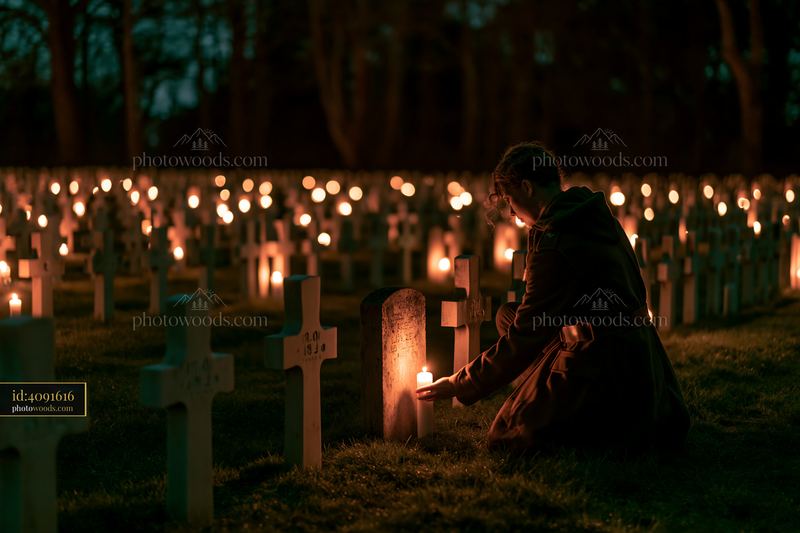 Nighttime remembrance at a war cemetery with candles lit