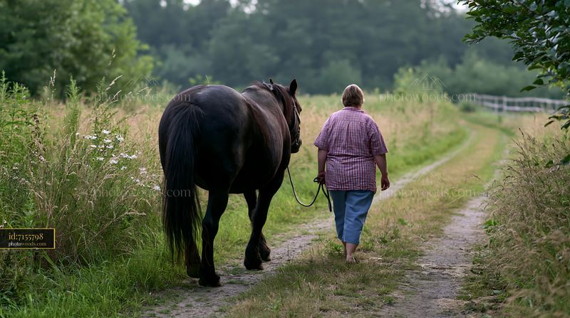 Horse walking with handler on a rural path in summer
