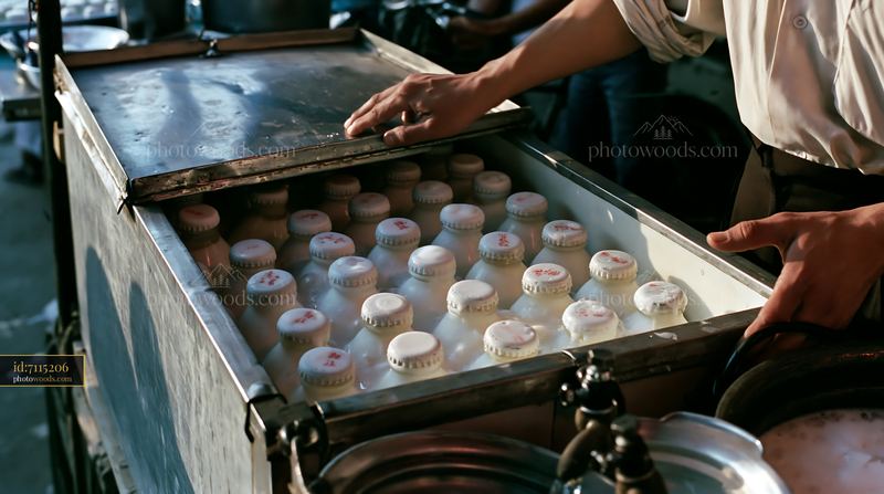 Cold milk bottles arranged in a metal market cooler