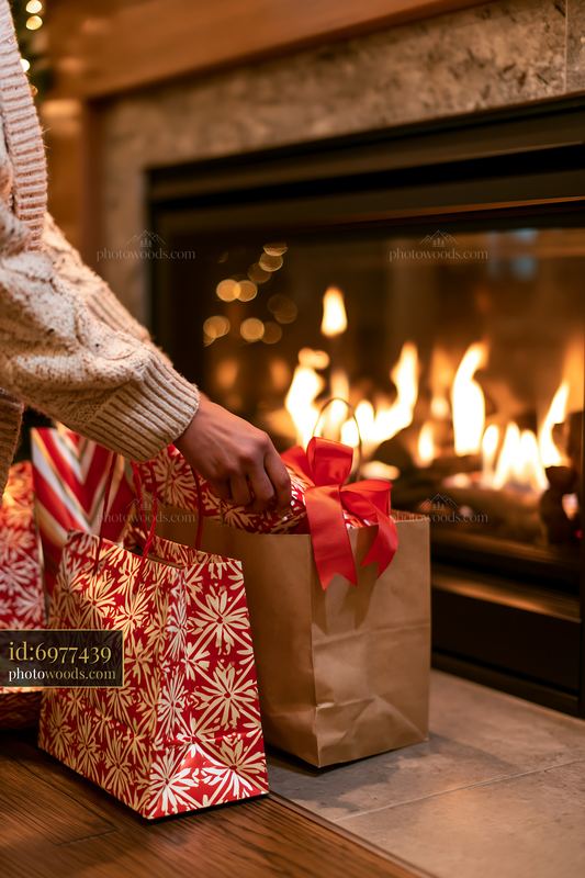 Holiday shopping bags near cozy fireplace with glowing flames