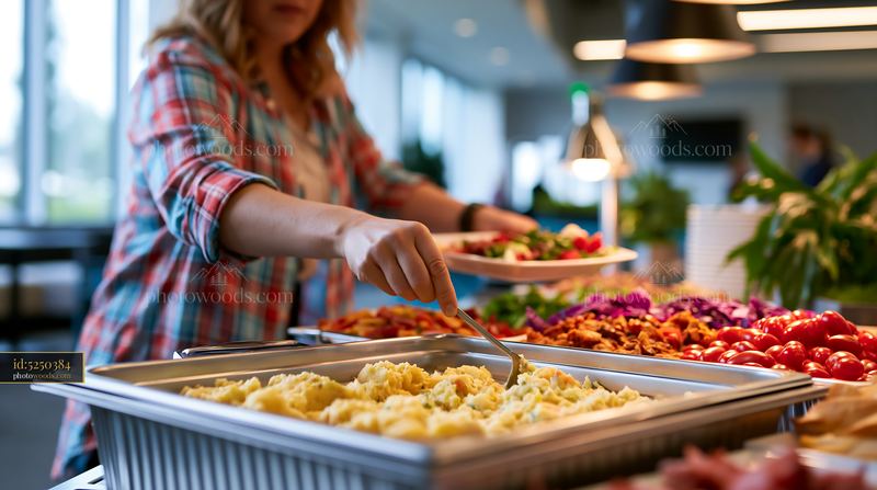 Corporate lunch buffet with a variety of food options