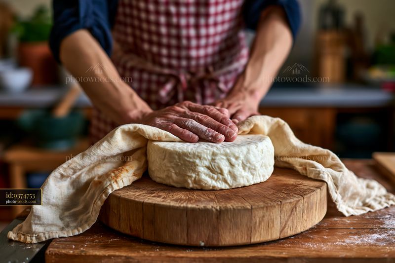 Hands shaping cheese on a wooden board with linen cloth