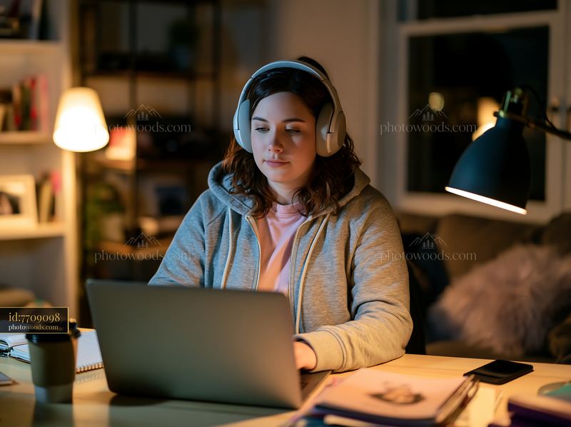 A person sits at a desk in a well-lit room working on a laptop