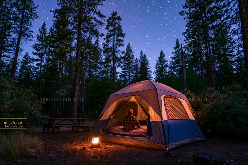 Starry night over a person watching the sky in a forest campsite