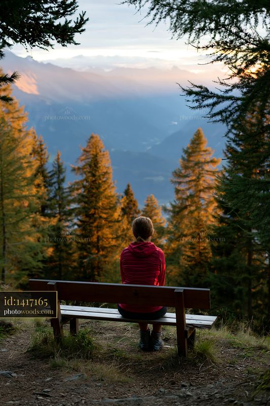 Swiss landscape at sunset with person sitting on a bench