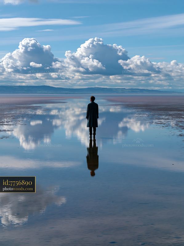 Coastline with lone person standing by the water