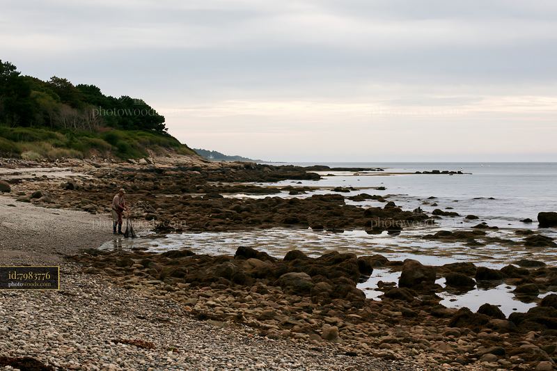 Exploring a pebbly coastline beach at low tide