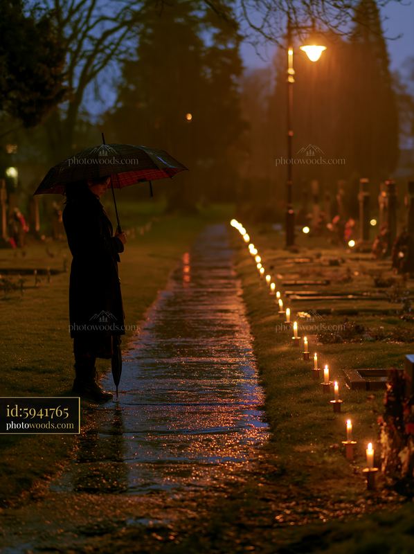 Nighttime remembrance at a war cemetery with lit candles