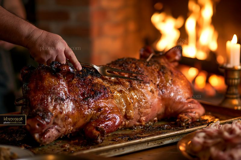 Pig roast preparation at a rustic farm with open fire