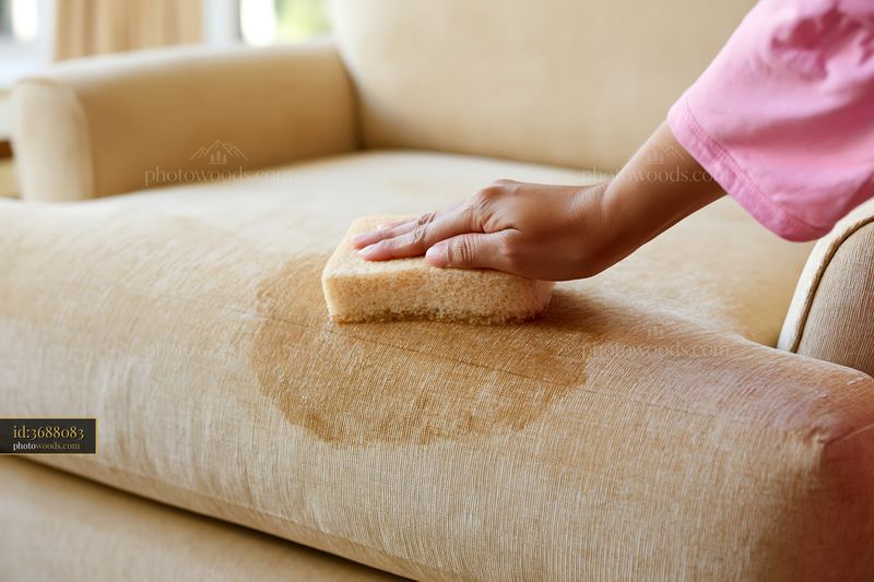 Sponge cleaning upholstery stain on a couch