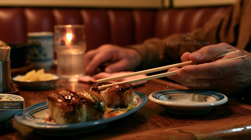 Eel sushi with sweet sauce on a wooden table in a restaurant