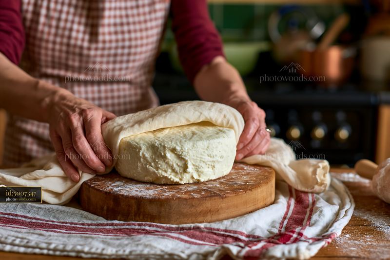 Hands preparing dough on stained handmade linen in a kitchen