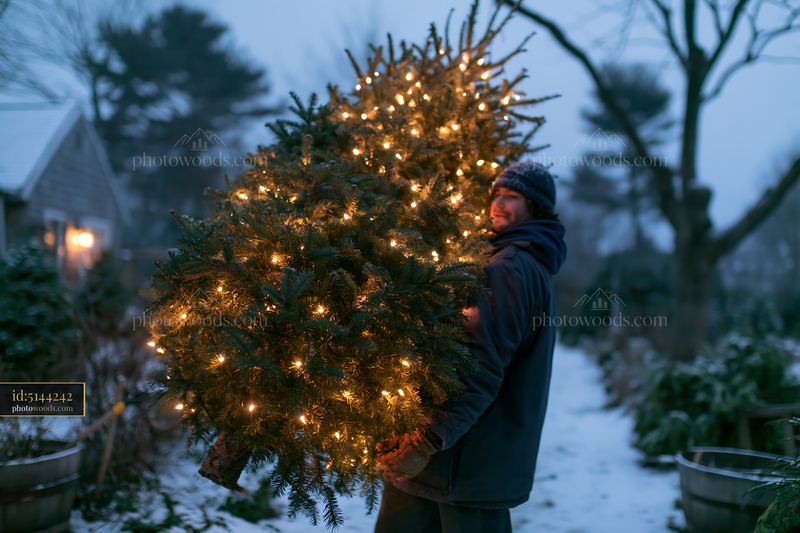 Person carrying real Christmas tree with warm lights in winter