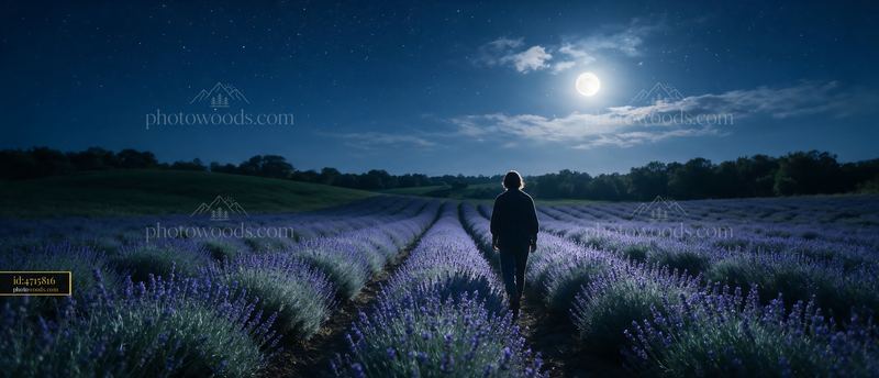 Starry night above a lavender field with person walking