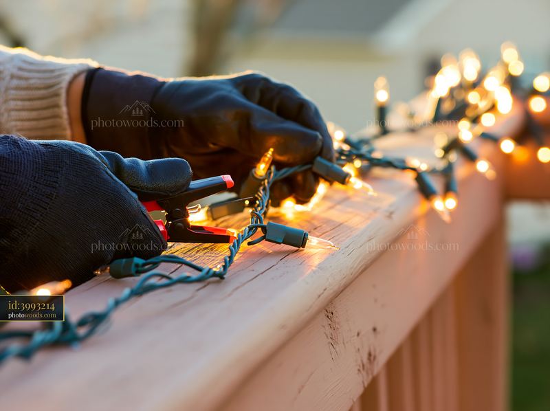Hands arranging Christmas lights on a balcony railing