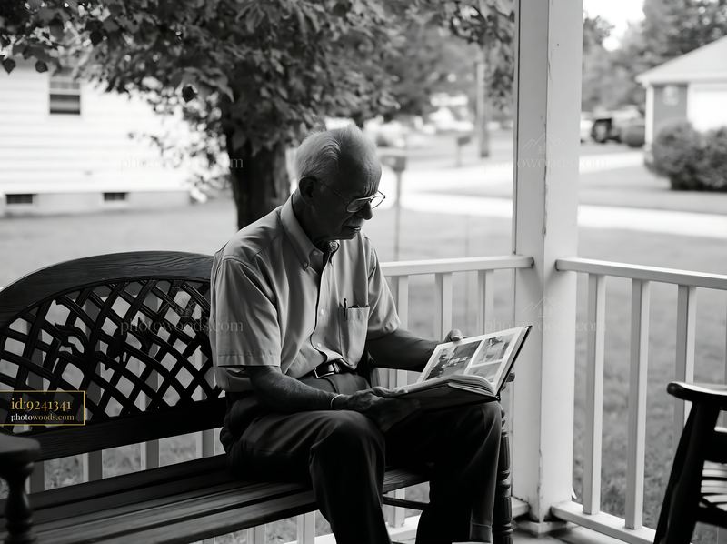 Person with Alzheimer's looking at childhood photographs on a porch