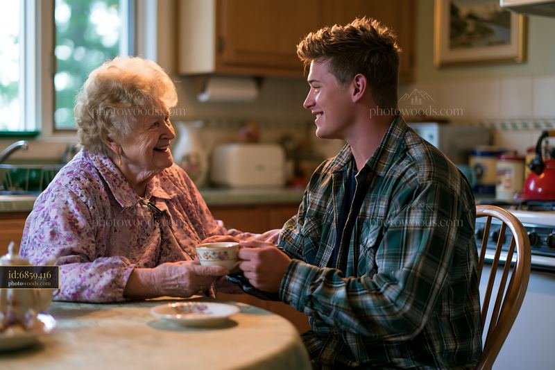 Young man shares a moment with a woman at a kitchen table