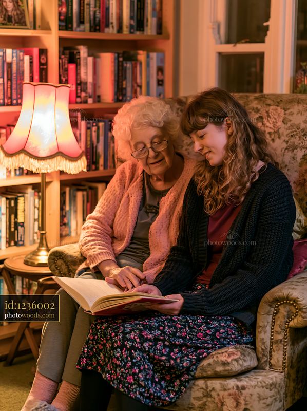 Supportive adult child reading with person with Alzheimer's