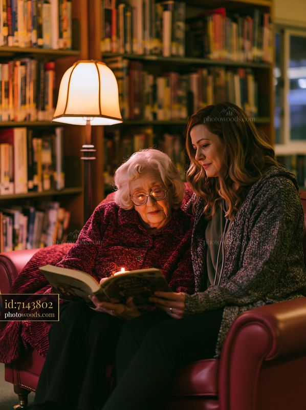 Supportive adult child reading with a person with Alzheimer's
