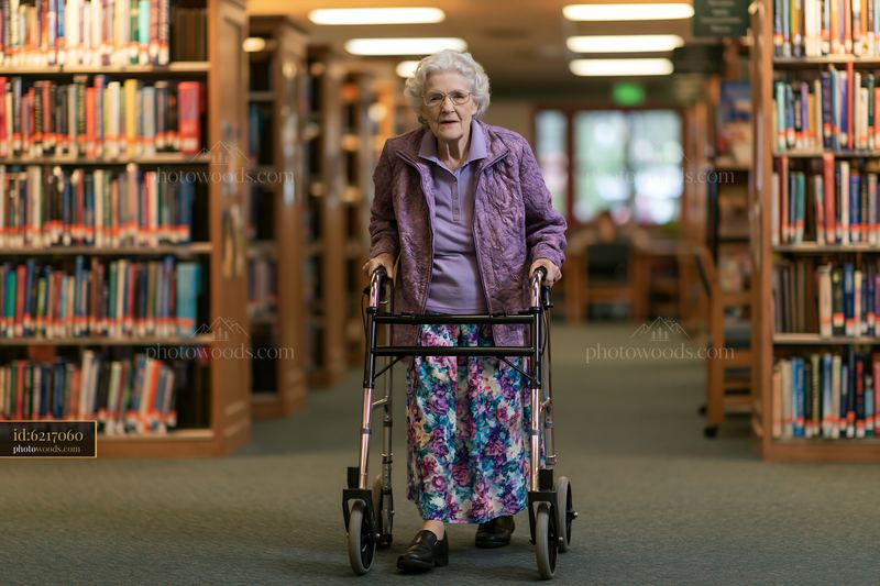 Senior woman with a walking aid in a library setting