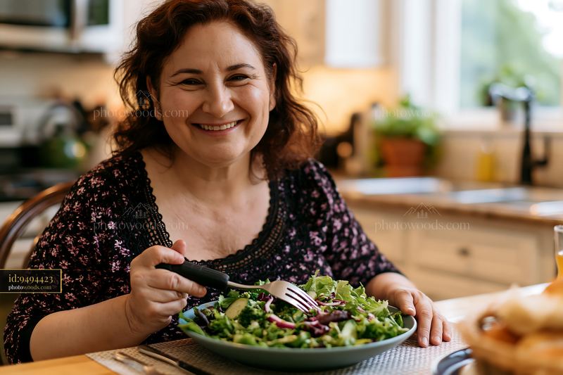 A person with limited hand mobility using utensils enjoys a salad at a kitchen table filled with natural light.