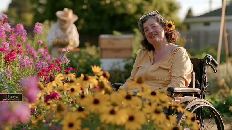 Person with muscular dystrophy enjoying a garden in a wheelchair