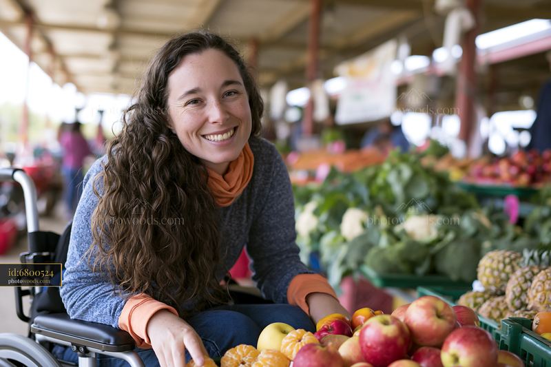 A person with muscular dystrophy using a wheelchair smiles while selecting fresh fruits at a bustling farmers market.