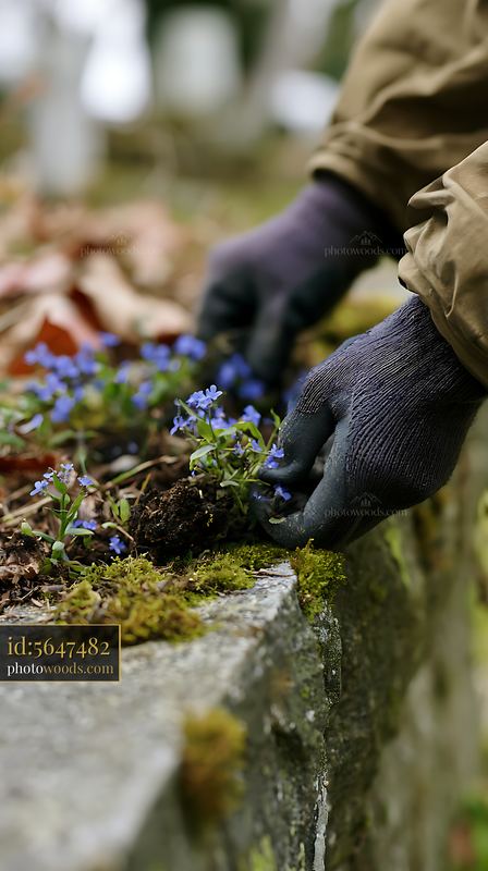 Hands planting flowers near a stone wall in a garden