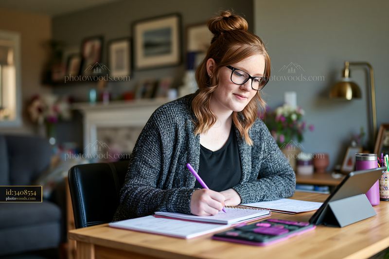 Person writing gift list at desk in home office setting