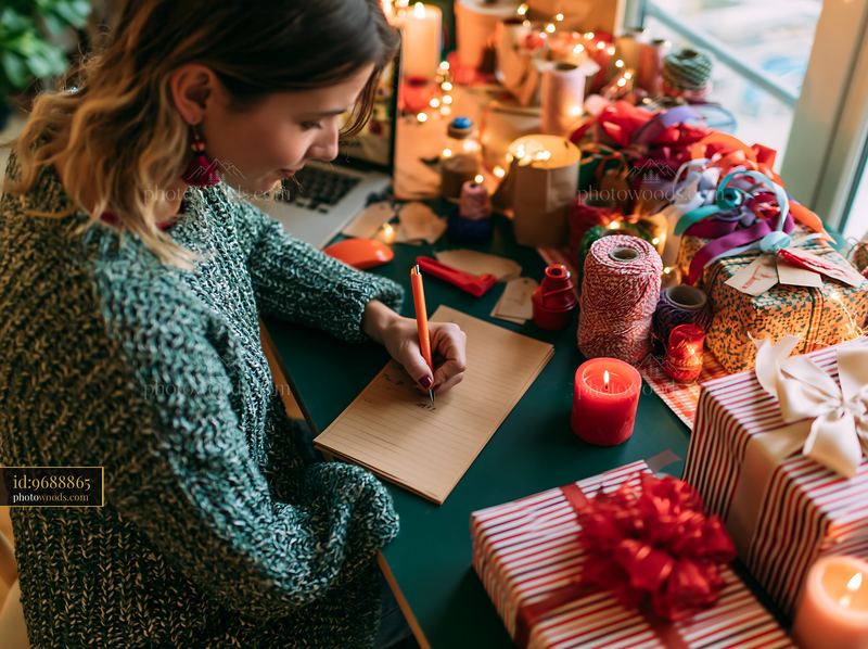 Person writing gift list at desk with wrapped presents