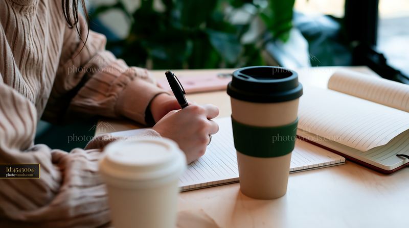 Person writing gift list at desk with coffee cups and notebook