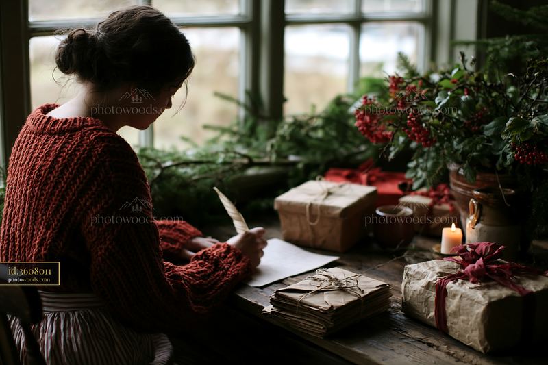 Person writing gift list at desk with holiday decorations