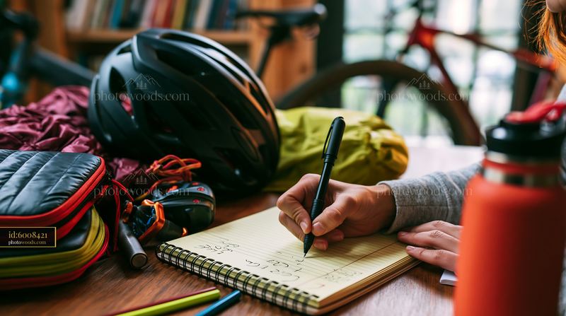 Person writing gift list at desk with cycling gear nearby