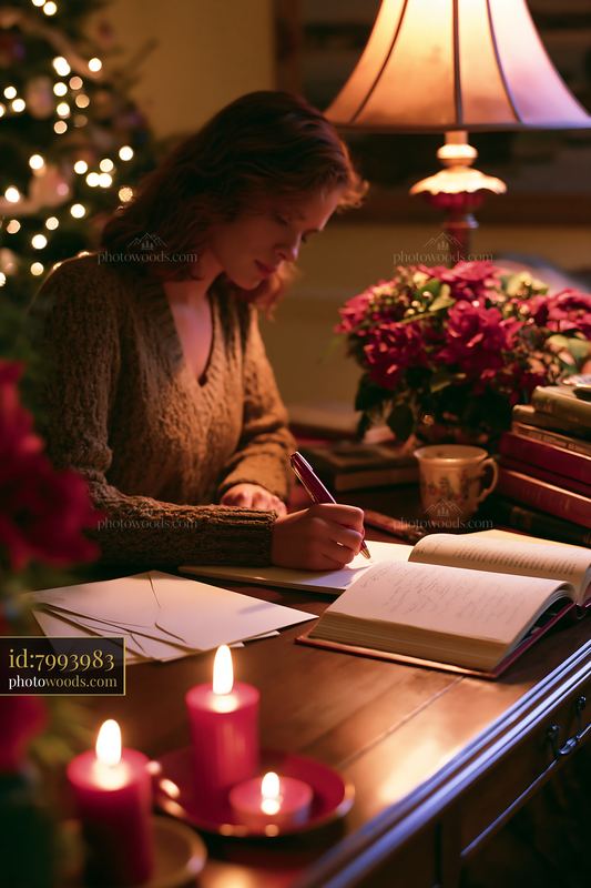 Person writing gift list at desk surrounded by decorations