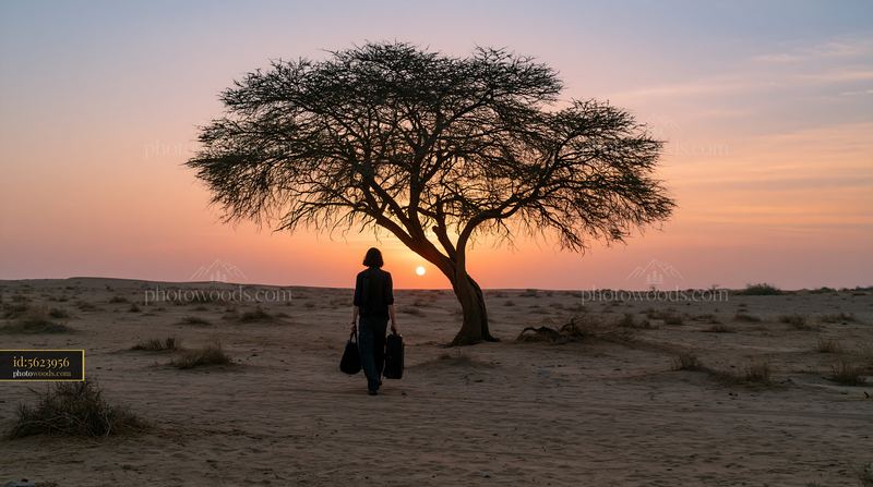 Photographer carrying equipment through a desert at sunset