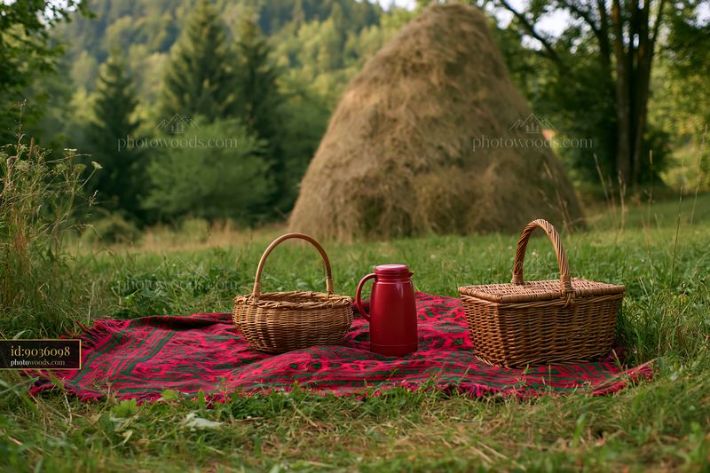 Meadow with traditional haystack and picnic setting