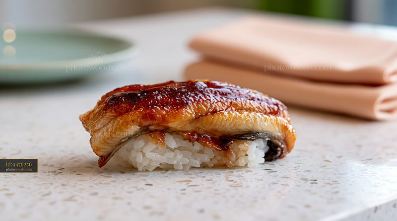 Single sushi piece on a contemporary dining table