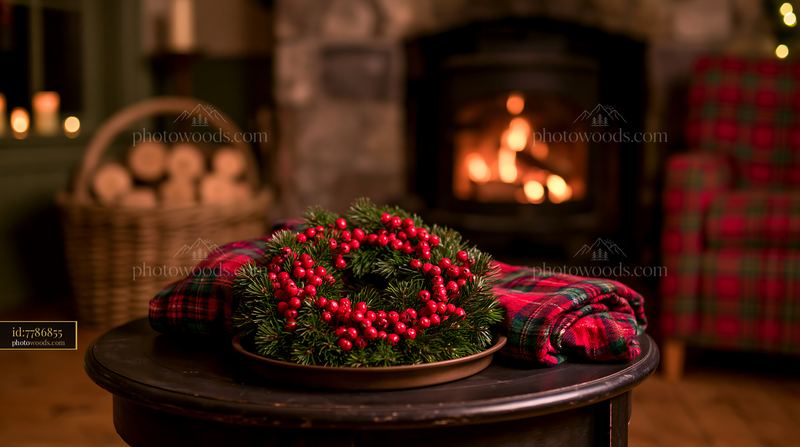 Pine wreath and red berries on table near cozy fireplace