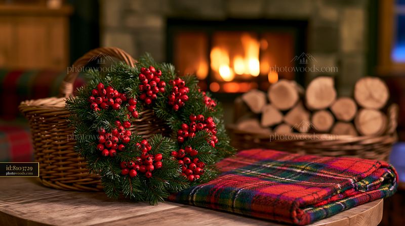 Pine wreath and red berries on table near fireplace with logs