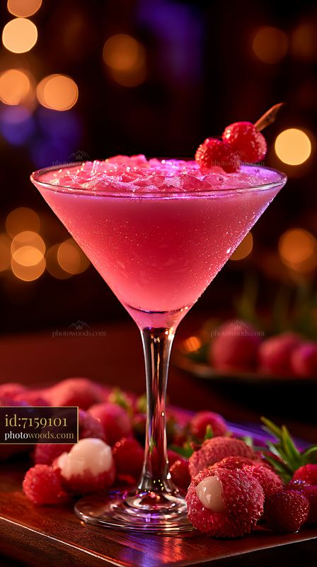 Colorful cocktail with raspberries and lychee on a wooden table