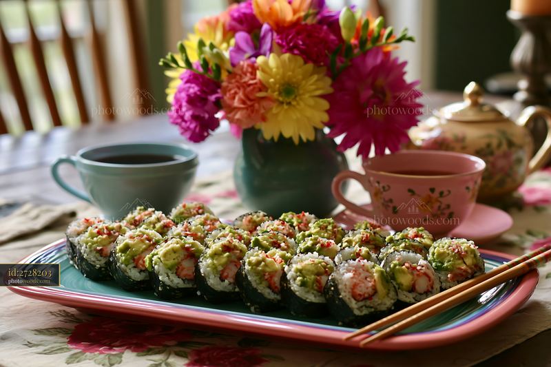 Sushi served with tea alongside a floral centerpiece