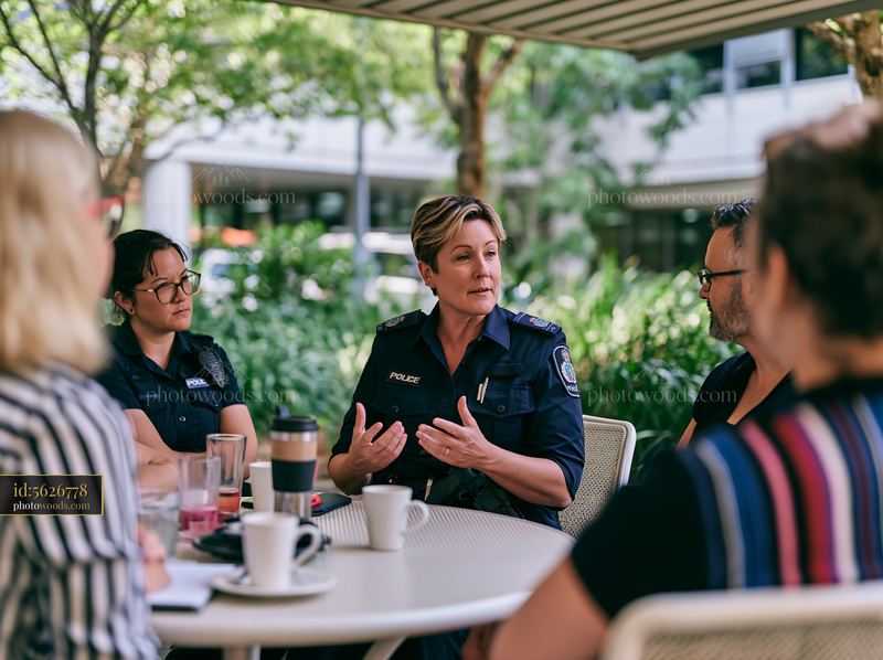 Police chief discussing workplace issues with community members