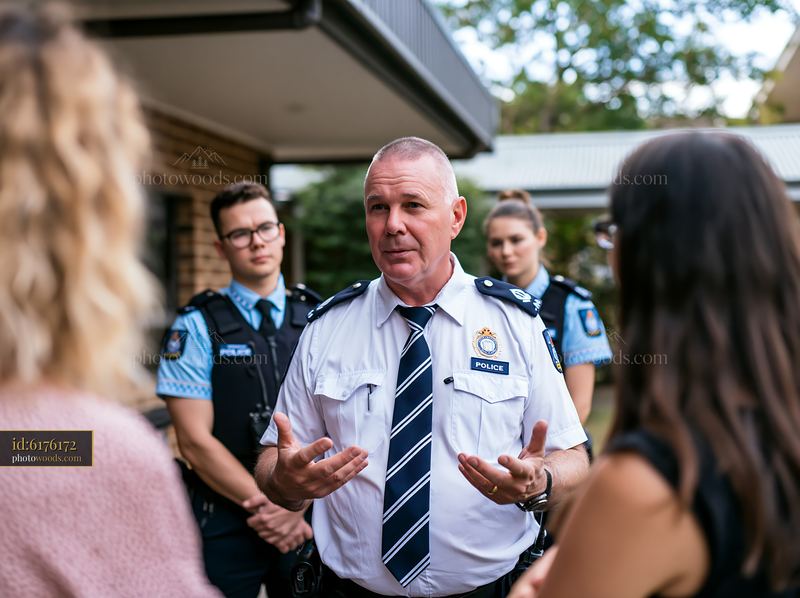Police chief discussing workplace harassment policy with community