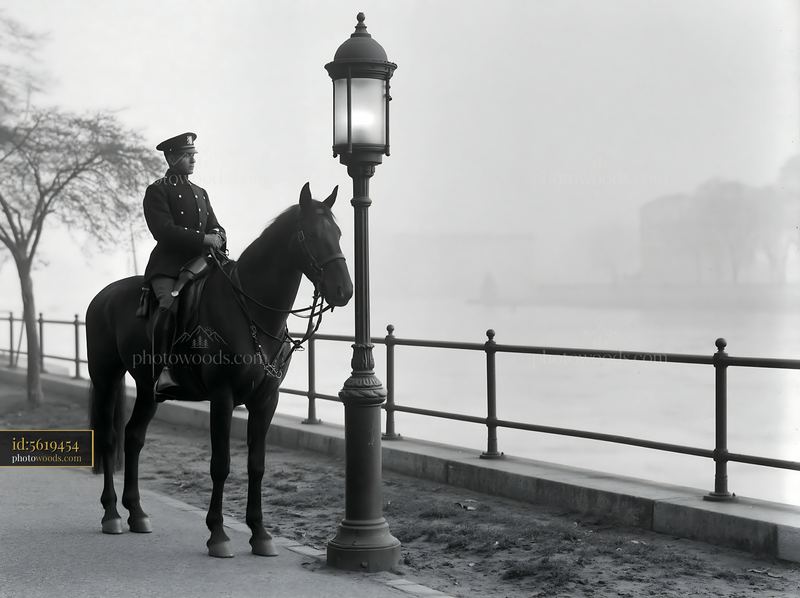 Police horse patrol near a foggy waterfront with a lamp post
