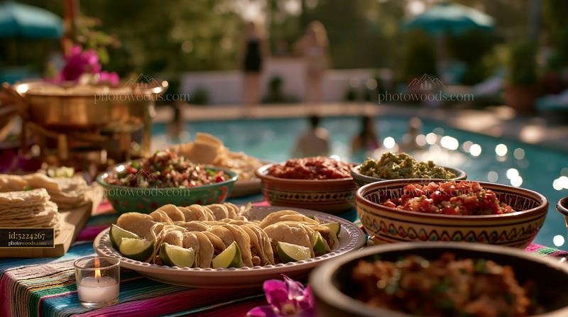 Colorful poolside buffet table with a variety of food