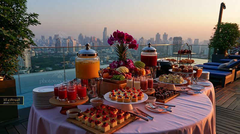 Buffet table with food and drinks by the pool at sunset