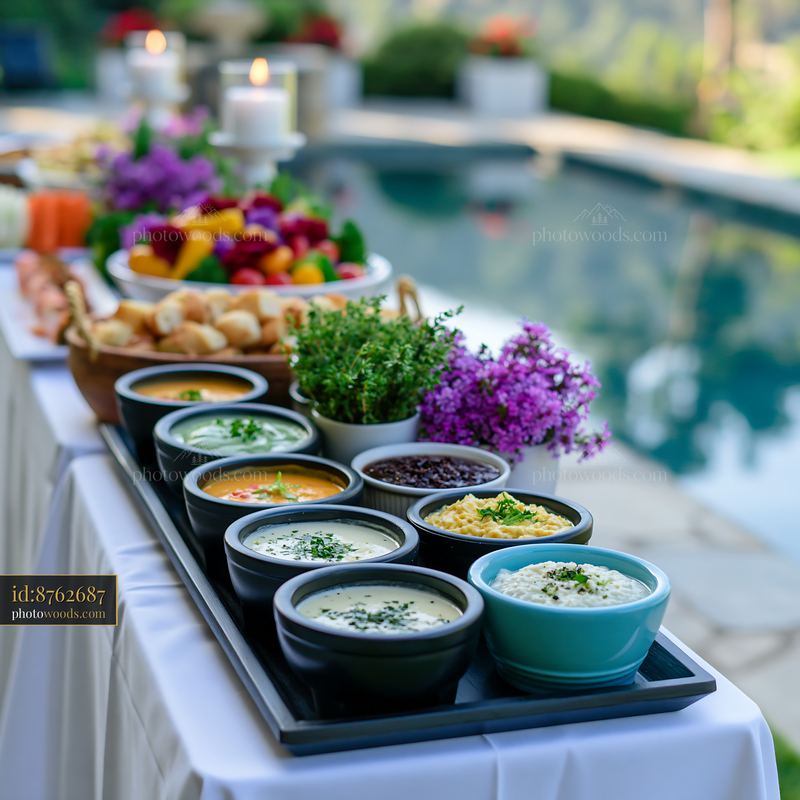 Buffet spread by the pool with dips and garnishes