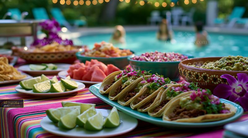 Poolside buffet table with tacos and fresh ingredients
