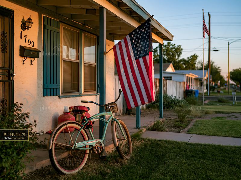 American flag hanging from porch with bicycle in evening light